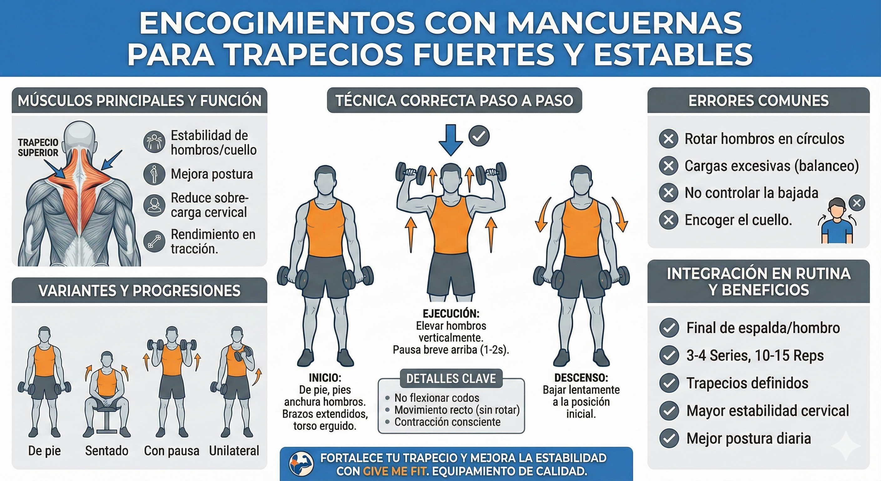 Encogimientos con mancuernas para trapecios fuertes y estables